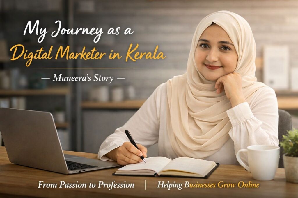 Website banner featuring a woman wearing a hijab sitting at a desk with a laptop and notebook, with text reading ‘My Journey as a Digital Marketer in Kerala – Muneera’s Story,’ and captions ‘From Passion to Profession’ and ‘Helping Businesses Grow Online Best Freelance digital marketer kasaragod